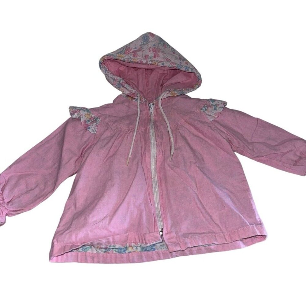Vintage Babyfair Infant Girls Hooded Zip Jacket Sz 24M Pink Floral Ruffle Twee